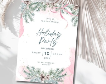 Editable Holiday Dinner Party 5x7 Invitation, Customized Holiday Dinner Party Invitation Printable, Pink Christmas Party Instant Download