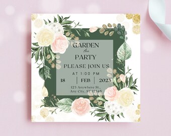 PINK Green Garden Tea Party Invite Editable Shabby Pink Chic Tea Party Download Romantic Printable or Digital Tea Parties, Canva Template