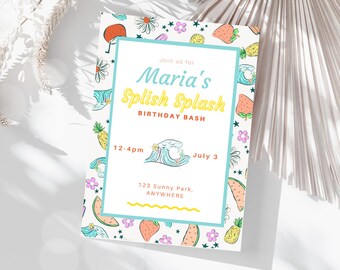 Editable Tropical Birthday Party Invitation Splish Splash Girl Summer Waterslide Beach Pool Summer Party Instant Download