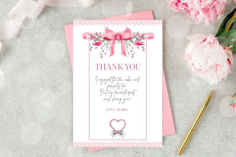 Editable Thank You Card Pink Tea Party Thanks Birthday Shower Love ...