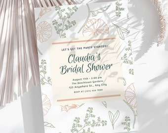 Peach Moss Bridal Shower Invitation, Custom Baby Shower Invite Printable, Editable Peach Fuzz Boho Floral Trendy Invitation