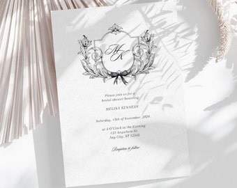 Watercolor Crest Bridal Shower Invitation, Black Monogram Bridal Invite, Grandmillenial Coquette Bow Floral Crest Invitation