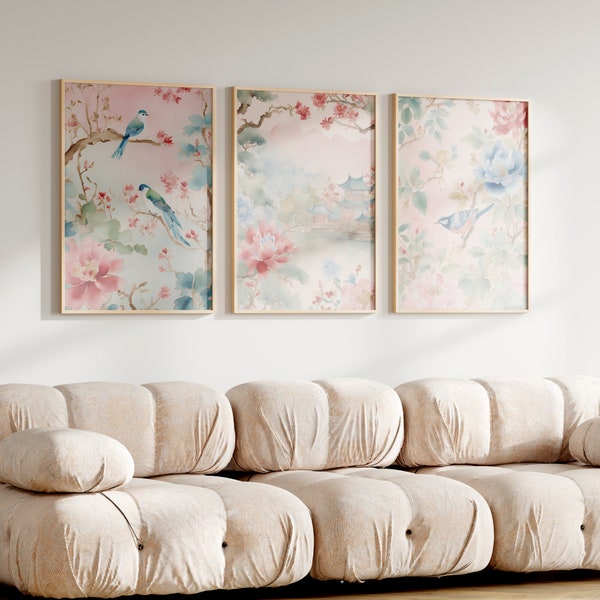 Pastel Pink Chinoiserie Art Print Bundle of 3 | Grandmillenial Decor | Living Room Printable Instant Artwork Decor Digital Download