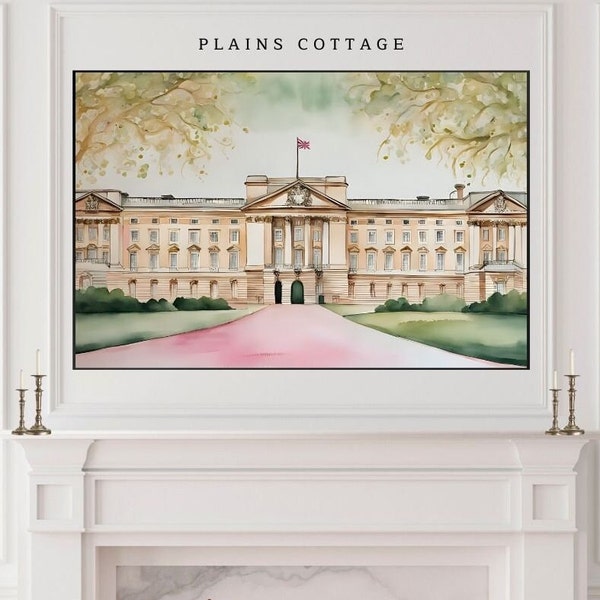 London Frame TV Art, Buckingham Palace Painting Instant Download, Shabby Chic Pink London for TV Frame Art