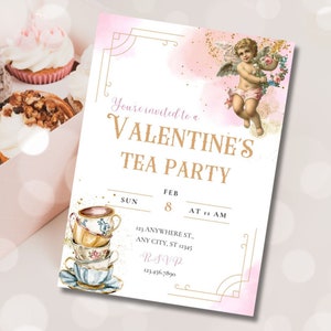 Valentine Tea Party Invitation, Valentines Tea Party Editable Invite, Galentines Party Pink Gold Custom Invitation Download Printable