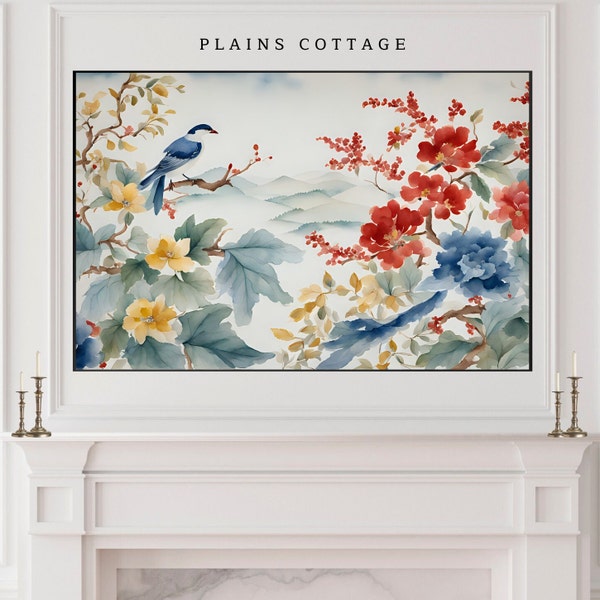 Samsung Frame TV, Chinoiserie Frame TV Art, Grandmillenial Vintage Red French Blue Chinoiserie Painting Samsung TV Frame Art