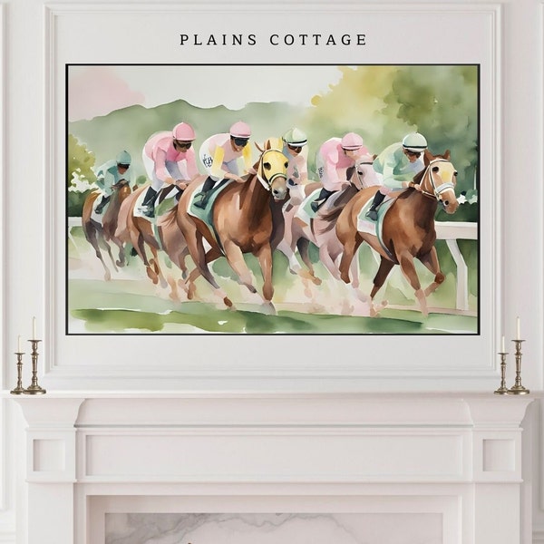 Horse Racing TV Art, Kentucky Horses Derby Painting Instant Download, Horse Riding Watercolor Horse Lovers Painting for TV Frame Art