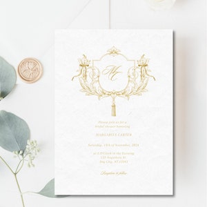 Gold Crest Bridal Shower Invitation, Gold Monogram Bridal Invite, Grandmillenial Coquette Bow Floral Crest Invitation