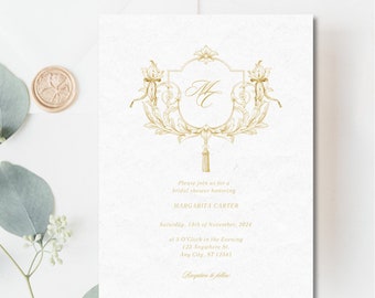 Gold Crest Bridal Shower Invitation, Gold Monogram Bridal Invite, Grandmillenial Coquette Bow Floral Crest Invitation