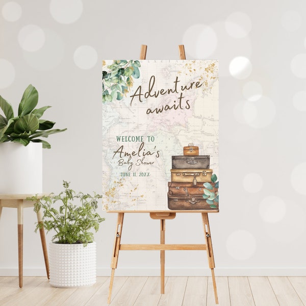 Editable Adventure Awaits Welcome Sign Baby Shower Traveling Around the World Travel Adventure Bridal Shower Editable Template