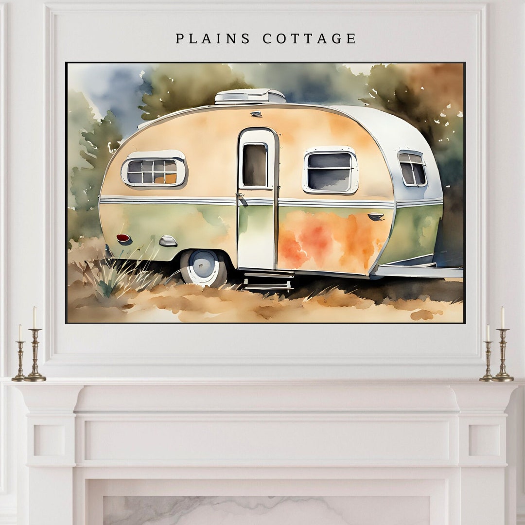 Frame TV Art, Vintage Camper Camping Scene Painting Digital Download ...