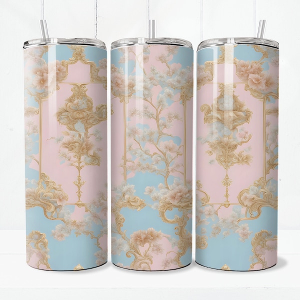 Chinoiserie Pink 20 oz Skinny Tumbler Grand Millennial Sublimation Design Cottagecore Digital Download PNG Shabby French Toile Tumbler Wrap