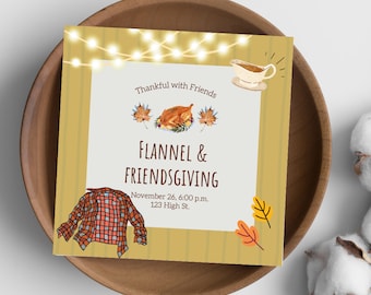 Friendsgiving Invitation Rustic Flannel Thanksgiving Invitation Friends and Flannel Potluck Cottage Core Custom Printable Digital