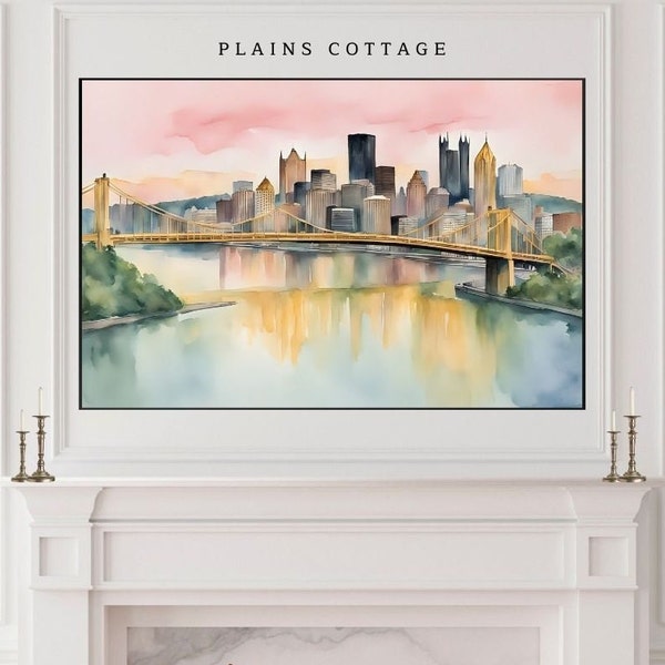 Frame TV Art, Pittsburgh Painting Frame TV Download, Downtown Pittsburgh Art Pastel Pink Aesthetic for TV Frame Art