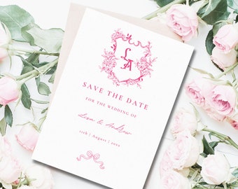 Berry Pink Crest Save the Date, Preppy Monogram Bridal Personalized Grandmillenial Pink Coquette Bow Floral Crest Save the Date Printable