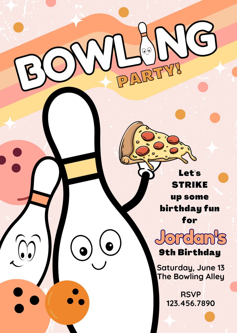 Editable Bowling Birthday Invitation Retro Bowling Birthday Girl Strike