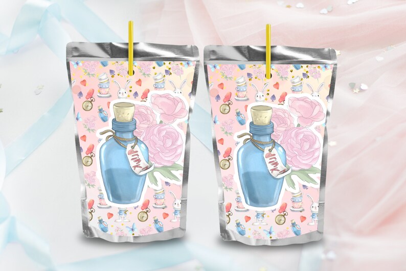 CAPRI Sun Printable Alice in Wonderland Juice Pouch Labels Pastel Alice ...