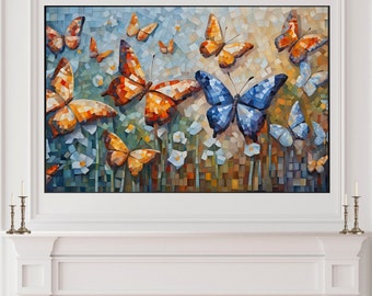 Frame TV Art, Butterflies Mosaic Painting Download Samsung Frame TV, Fantasy Spring Whimsical Springtime Butterfly Wall TV Art Digital