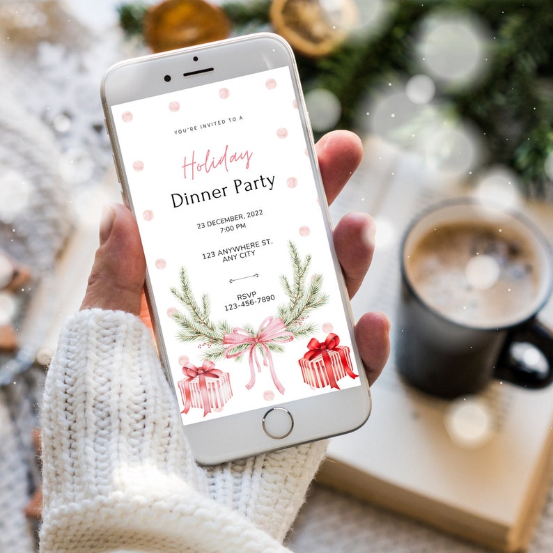 Editable Holiday Dinner Party Phone Invitation Pink Holiday Dinner