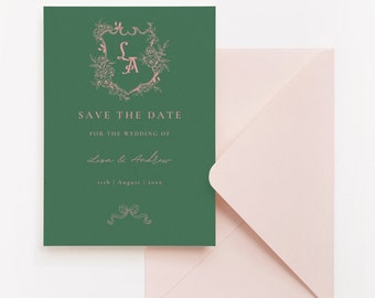 Preppy Crest Save the Date, Green Pink Monogram Bridal Personalized Grandmillenial Coquette Bow Floral Crest Save the Date Custom Card