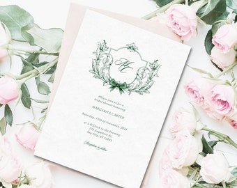 Watercolor Crest Bridal Shower Invitation, Emerald Green Monogram Bridal Invite, Grandmillenial Coquette Bow Floral Crest Invitation