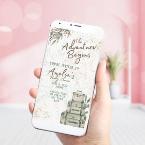 Editable The Adventure Begins Baby Shower Evite Digital Invitation Suitcases Travel Around World Customized Phone Invitation