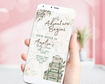 Editable The Adventure Begins Baby Shower Evite Digital Invitation Suitcases Travel Around World Customized Phone Invitation