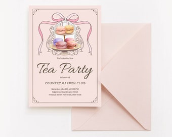 Pink Tea Party Birthday Invitation, Customized Tea Shower Invite, Whimsical Tea Party, High Tea Floral, Instant Download