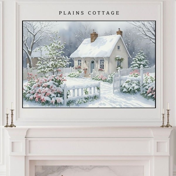 Frame TV Art Cottage Christmas Painting Instant Download for Samsung Frame TV, Pink Holiday Snow Scene TV Art Digital