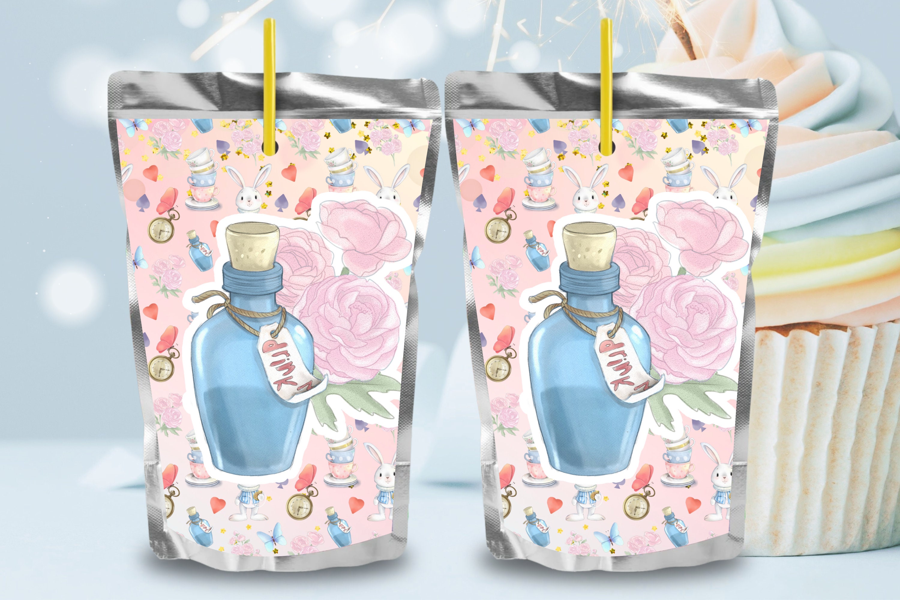 CAPRI Sun Printable Alice in Wonderland Juice Pouch Labels Pastel Alice ...