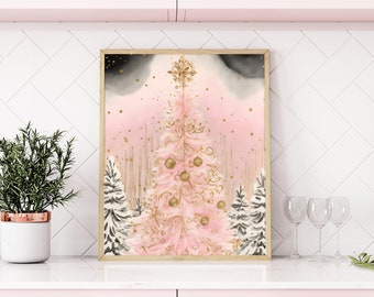 Pink Christmas Wall Art PRINTABLE Pink Tree Watercolor Winter Scene Pink Christmas Decor Watercolor Pink Christmas Tree Instant Download