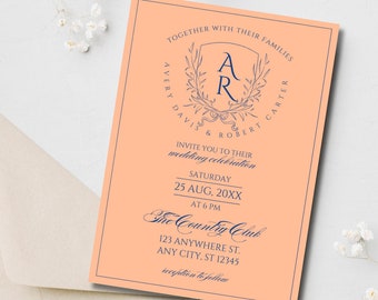 Peach Fuzz Crest bruids douche uitnodiging, gepersonaliseerde douche uitnodigen afdrukbare, douche monogram bewerkbare 2024 kleur trend bloemen uitnodiging