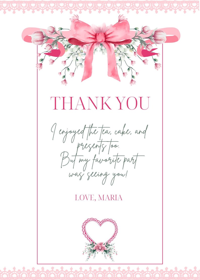 Editable Thank You Card Pink Tea Party Thanks Birthday Shower Love ...