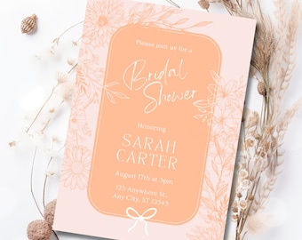 Peach Fuzz Bridal Shower Invitation, Personalized Shower Invite Printable, Editable 2024 Color Trend Peach Fuzz Boho Floral Invitation