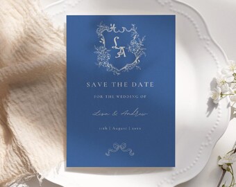 Écusson preppy "Retenez cette date", monogramme bleu mariage personnalisé Faire-part Marseille bleu coquette noeud écusson floral Save the Date personnalisé