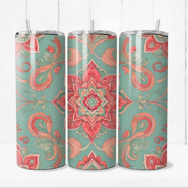 Mint Green Red Paisley 20 oz Skinny Tumbler Sublimation Design Digital Download PNG Hot Pink Paisley Pattern Tumbler Wrap PNG Vera