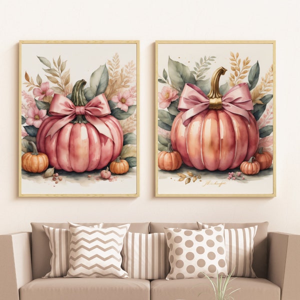 Pink Pumpkins Wall Art PRINTABLE Fall Pumpkin Print Fancy Pink Decor Pink Pumpkins Print Fall Poster 2 Matching Prints Instant Download