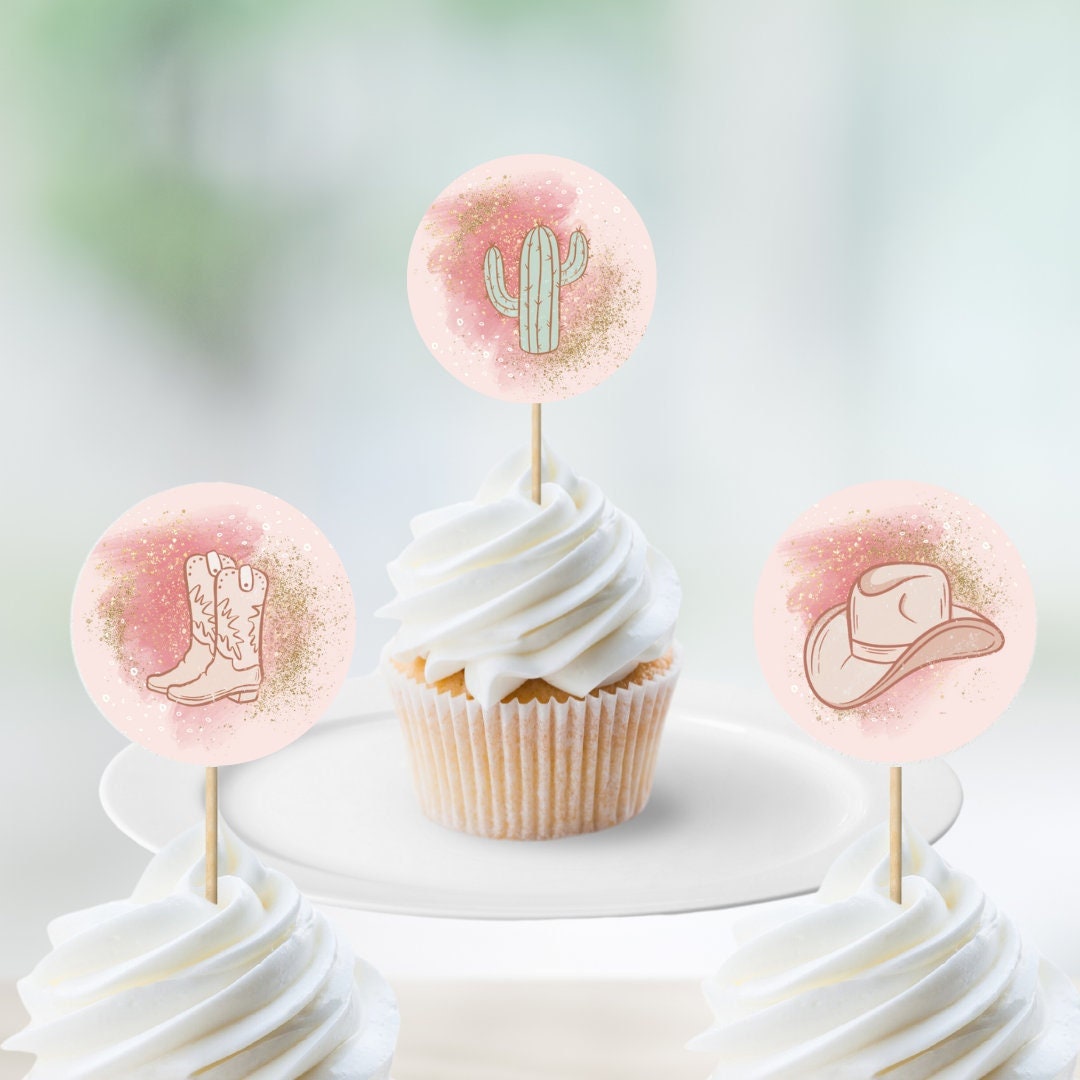 Cupcake Toppers First Rodeo Birthday Decor Favor Tags Party Pink 1st