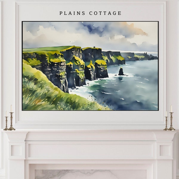 Ireland Frame TV Art, Cliffs of Moher Ocean Irish Painting St Patricks Day Download, Watercolor European Ireland Landscape for TV Frame Art