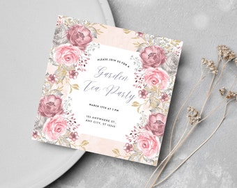 Pastel Garden Tea Party Invite Editable Shabby Pink Chic Tea Party Download Romantic Printable Digital Tea Parties Canva Template