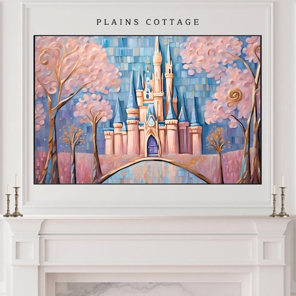 Magic Castle Frame TV Art, Pink Orlando Fairytale Mosaic Painting Instant Download, Pastel Mary Blair Storybook Kingdom for TV Frame Art