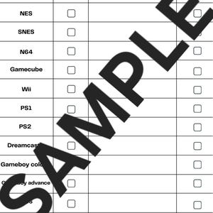 May include: A black and white emulator tracker checklist featuring columns for game system, installed status, games to install, and a second installed status column. The table lists systems including NES, SNES, N64, Gamecube, Wii, PS1, PS2, Dreamcast, Gameboy color, Gameboy advance, and Switch.