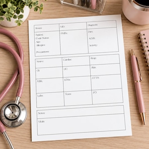 May include: A white medical patient assessment sheet with black printed text including fields for Room, MD, Diagnosis, Patient, PMHx, Diet, Code Status, ACHS, Age, Allergies, Activity, Precautions, Neuro, Cardiac, Resp, GI, GU, Skin, MSK, LDAs, GTTS, Labs, Tests, I/O, Notes, and Vitals.
