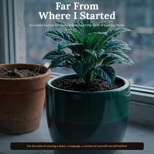Könnte beinhalten: Ein 21-tägiges geführtes Journal mit dem Titel Far From Where I Started, A Guided Journal for Homesickness and the Grief of Leaving Home. Das Cover zeigt eine grüne Pflanze in einem dunkelgrünen Topf neben einem Terrakottatopf mit Text.