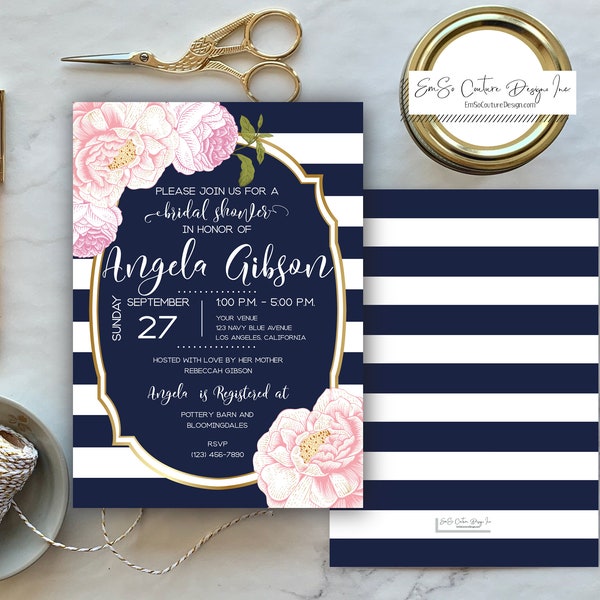 Digital Invitation/Printable Navy Blue Stripe and Pink Peony Bridal Shower Invitation/Wedding Shower Invitation/Nautical Shower Invitation