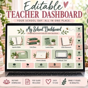 May include: A laptop screen displays an editable teacher dashboard with the title My School Dashboard. The interface features green and pink buttons for agenda slides, unit plans, lesson plans, class resources, student resources, school calendar, and gradebook data.