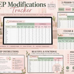 May include: An IEP Modifications Tracker digital spreadsheet template for Google Sheets. The interface features a clean layout with columns for student names, programme modifications, and test modifications, organised across five distinct period tabs.