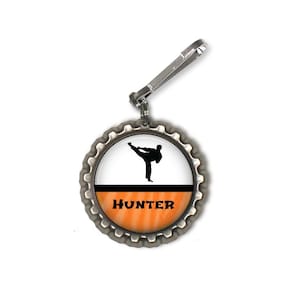 1 Personalized Martial Arts Bottlecap Zipper Pull Party Favor GLITTER or Plain Male or Female 16 colors karate class class gift black belt