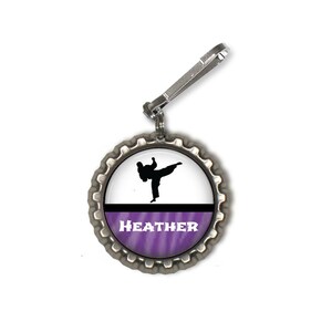 1 Personalized Martial Arts Bottlecap Zipper Pull Party Favor GLITTER or Plain Male or Female 16 colors karate class class gift black belt
