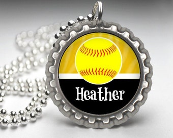 1 Personalized Gold Softball Bottlecap Necklace, 15 Color Choices, softball gifts, softball team, softball team gifts, necklaces